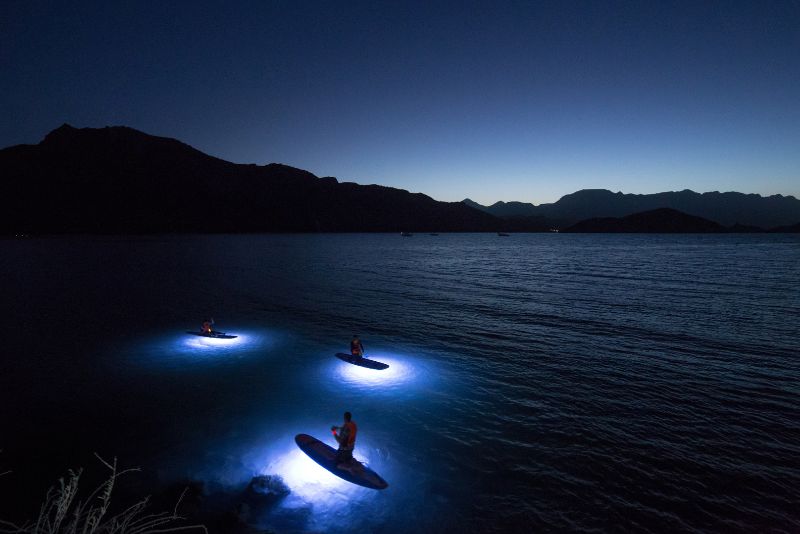 Paddle Board con luces LED durante el atardecer en Loreto Baja California Sur